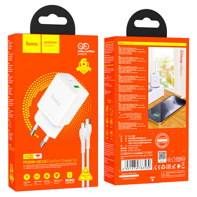 Мережевий зарядний пристрій з кабелем HOCO N28 Founder PD20W+QC3.0 charger set(C to iP) White Мережевий зарядний пристрій з кабелем HOCO N28 Founder PD20W+QC3.0 charger set(C to iP) White