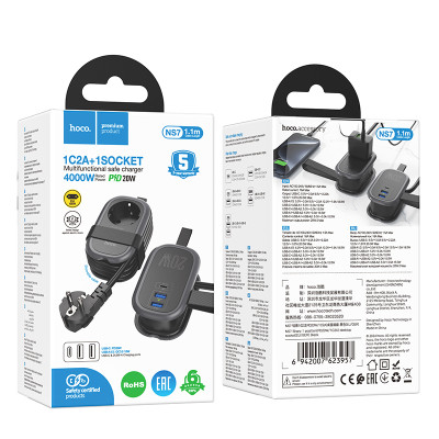 Мережевий подовжувач HOCO NS7 Sharp 1 position(PD20W/1C2A) desktop socket(EU/GER) Black