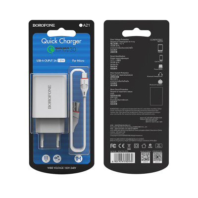 Мережевий зарядний пристрій з кабелем BOROFONE BA21A Long journey single port QC3.0 charger set(Micro) 18W White Мережевий зарядний пристрій з кабелем BOROFONE BA21A Long journey single port QC3.0 charger set(Micro) 18W White