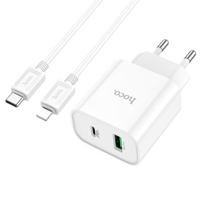Мережевий зарядний пристрій з кабелем HOCO C80A Plus Rapido PD20W+QC3.0 charger set(C to iP) White Мережевий зарядний пристрій з кабелем HOCO C80A Plus Rapido PD20W+QC3.0 charger set(C to iP) White