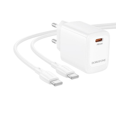 Мережевий зарядний пристрій з кабелем BOROFONE BN26 Fuente single-port PD20W charger set (C to C) (EU) White Мережевий зарядний пристрій з кабелем BOROFONE BN26 Fuente single-port PD20W charger set (C to C) (EU) White