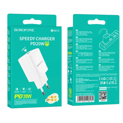 Мережевий зарядний пристрій BOROFONE BA81A single port PD20W charger(EU) White Мережевий зарядний пристрій BOROFONE BA81A single port PD20W charger(EU) White