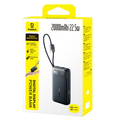 Зовнішній акумулятор Baseus EnerFill FC11 Digital Display Power Bank with Dual Built-in Cables 20000mAh 22.5W Cosmic Black Зовнішній акумулятор Baseus EnerFill FC11 Digital Display Power Bank with Dual Built-in Cables 20000mAh 22.5W Cosmic Black