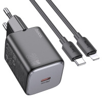 Мережевий зарядний пристрій з кабелем HOCO N40 Mighty single port PD20W charger set(C to iP) Black