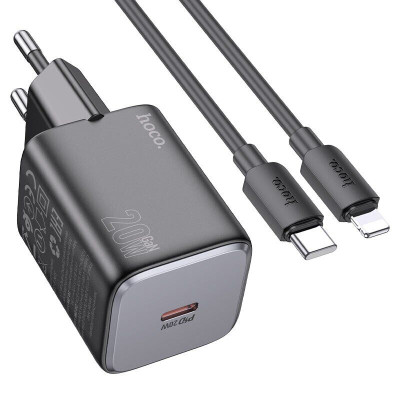 Мережевий зарядний пристрій з кабелем HOCO N40 Mighty single port PD20W charger set(C to iP) Black Мережевий зарядний пристрій з кабелем HOCO N40 Mighty single port PD20W charger set(C to iP) Black