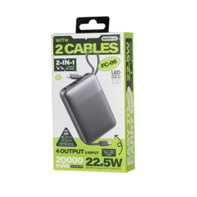 Зовнішній акумулятор REMAX 22.5W Fast Charging Cables Power Bank 20000mAh FC-06 grey Зовнішній акумулятор REMAX 22.5W Fast Charging Cables Power Bank 20000mAh FC-06 grey