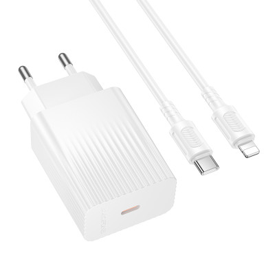 Мережевий зарядний пристрій з кабелем BOROFONE BAS73A Source single port PD20W charger set (C to iP) (EU) White Мережевий зарядний пристрій з кабелем BOROFONE BAS73A Source single port PD20W charger set (C to iP) (EU) White