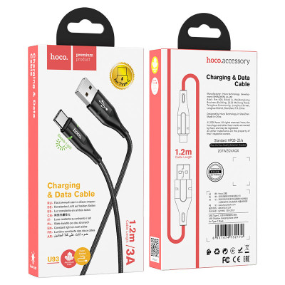 Кабель HOCO U93 USB to Type-C 3A, 1.2m, nylon, aluminum connectors, light indicator, Black Кабель HOCO U93 USB to Type-C 3A, 1.2m, nylon, aluminum connectors, light indicator, Black