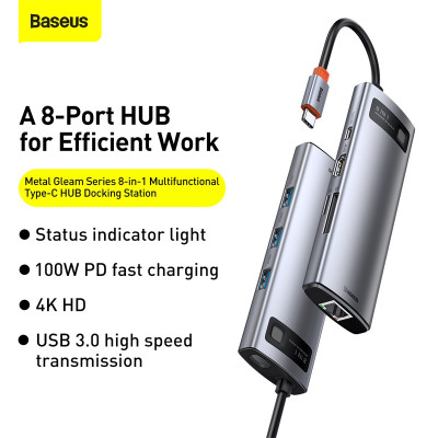 USB-хаб Baseus Metal Gleam Series 8-in-1 Multifunctional Type-C HUB Docking Station Gray（Type-C to HDMI*1+USB3.0*3+PD*1+RJ45*1+SD/TF*1)