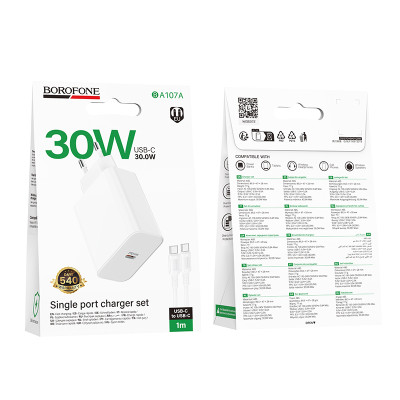 Мережевий зарядний пристрій BOROFONE BA107A Stellar single port PD30W charger set (C to C) (EU) White