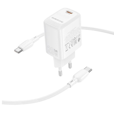 Мережевий зарядний пристрій з кабелем BOROFONE BN26 Fuente single-port PD20W charger set (C to C) (EU) White Мережевий зарядний пристрій з кабелем BOROFONE BN26 Fuente single-port PD20W charger set (C to C) (EU) White
