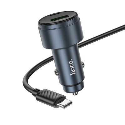 Автомобільний зарядний пристрій HOCO Z57B Glorious 63W dual-port digital display PD45W+QC3.0 car charger set (C to C) Metal Gray