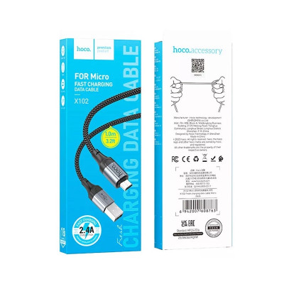 Кабель HOCO X102 USB to Micro 2.4A, 1m, nylon, aluminum connectors, Black Кабель HOCO X102 USB to Micro 2.4A, 1m, nylon, aluminum connectors, Black