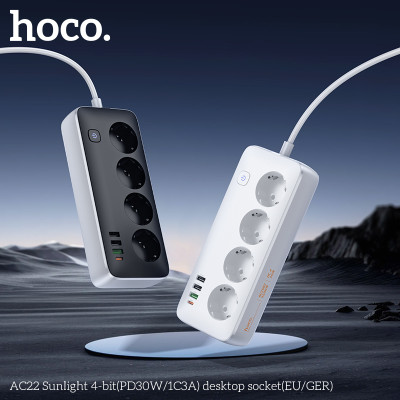 Мережевий подовжувач HOCO AC22 Sunlight 4-bit(PD30W/1C3A) desktop socket(EU/GER) (1.5m) Black