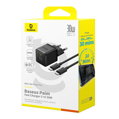 Мережевий зарядний пристрій з кабелем Baseus Palm Fast Charger C+U 30W EU Cluster Black (with Baseus Mini White Cable USB-C to USB-C 60W (20V/3A) 1m)