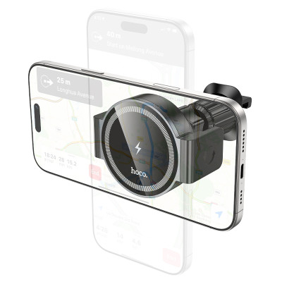 Автотримач для телефона з БЗП HOCO HW35 Power electric magnetic wireless fast charging car holder(air outlet) Black