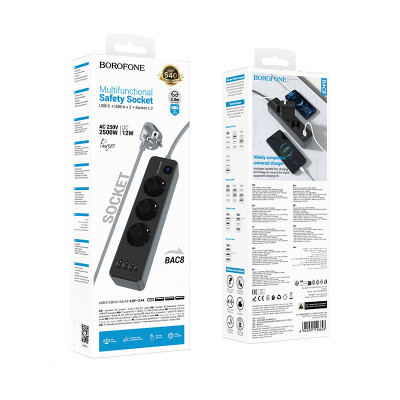 Мережевий подовжувач BOROFONE BAC8 Power 3-position socket(1C3A)(EU/GER)(L=3M) Black Мережевий подовжувач BOROFONE BAC8 Power 3-position socket(1C3A)(EU/GER)(L=3M) Black