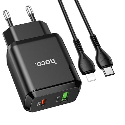 Мережевий зарядний пристрій HOCO N5 Favor dual port PD20W+QC3.0 charger set(C to iP) Black
