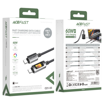 Кабель ACEFAST C21-03, Type-C to Type-C, 60W, 1.2m, Nylon, Aluminum Alloy connectors, Black Кабель ACEFAST C21-03, Type-C to Type-C, 60W, 1.2m, Nylon, Aluminum Alloy connectors, Black