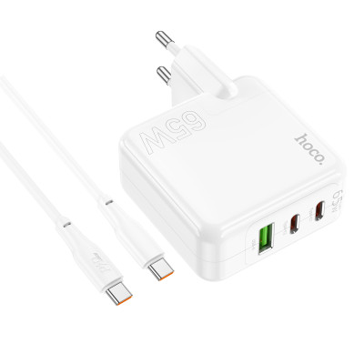 Мережевий зарядний пристрій HOCO C115A Header PD65W GaN  three-port(2C1A) charger set(Type-C to Type-C) White
