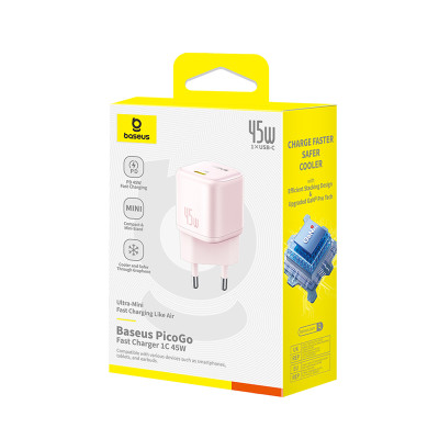 Мережевий зарядний пристрій Baseus PicoGo GaN Fast Charger 1C 45W EU Baby Pink