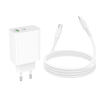 Мережевий зарядний пристрій з кабелем BOROFONE BA106A Stellar PD20W+QC3.0 charger set (C to iP) (EU) White Мережевий зарядний пристрій з кабелем BOROFONE BA106A Stellar PD20W+QC3.0 charger set (C to iP) (EU) White