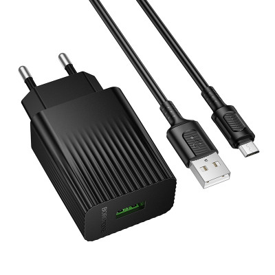 Мережевий зарядний пристрій з кабелем BOROFONE BAS72A Source single port QC3.0 charger set(Micro) Black Мережевий зарядний пристрій з кабелем BOROFONE BAS72A Source single port QC3.0 charger set(Micro) Black