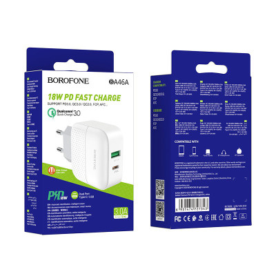 Мережевий зарядний пристрій BOROFONE BA46A Premium PD + QC3.0 18W White