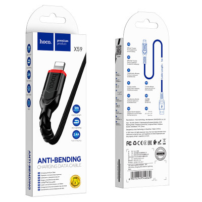 Кабель HOCO X59 USB to iP 2.4A, 1m, nylon, TPE connectors, Black Кабель HOCO X59 USB to iP 2.4A, 1m, nylon, TPE connectors, Black