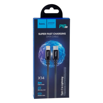 Кабель HOCO X14 Type-C to iP 3A, 20W, 2m, nylon, aluminum connectors, Black