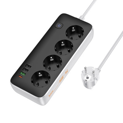 Мережевий подовжувач HOCO AC22 Sunlight 4-bit (PD30W/1C3A) desktop socket (EU/GER)(L=3M) Black Мережевий подовжувач HOCO AC22 Sunlight 4-bit (PD30W/1C3A) desktop socket (EU/GER)(L=3M) Black