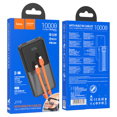 Зовнішній акумулятор HOCO J119 Sharp charger 22.5W+PD20 fully compatible power bank with digital display and cable(10000mAh) Black