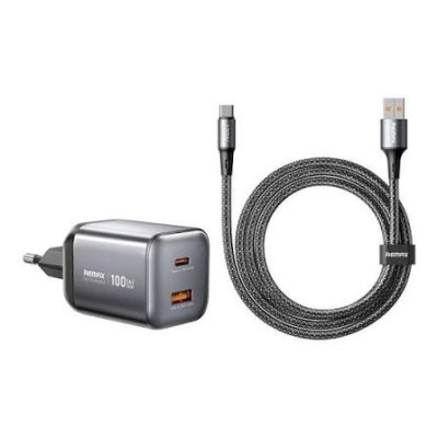 Мережевий зарядний пристрій з кабелем REMAX Wisdom Series 100W GaN Travel Charger+A-C Data Cable Set CA-15(AC100W) EU Tarnish Мережевий зарядний пристрій з кабелем REMAX Wisdom Series 100W GaN Travel Charger+A-C Data Cable Set CA-15(AC100W) EU Tarnish