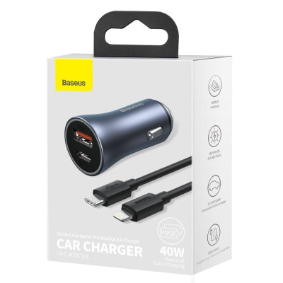 Автомобільний зарядний пристрій Baseus Golden Contactor Pro Dual Car Charger U+C 40W (With Cable Type-C/ iP 1m) Dark Grey Автомобільний зарядний пристрій Baseus Golden Contactor Pro Dual Car Charger U+C 40W (With Cable Type-C/ iP 1m) Dark Grey