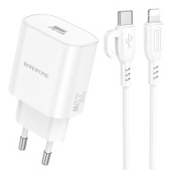 Мережевий зарядний пристрій з кабелем BOROFONE BA82A Platinum single port PD25W charger set (C to iP) (EU) White Мережевий зарядний пристрій з кабелем BOROFONE BA82A Platinum single port PD25W charger set (C to iP) (EU) White