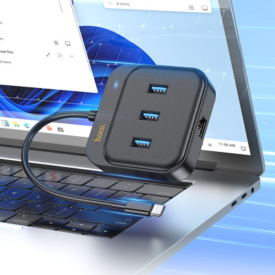 USB-Hub HOCO HB35 Easy link 4-in-1 Gigabit Ethernet Adapter(Type-C to USB3.0*3+RJ45)(L=0.2M) Black