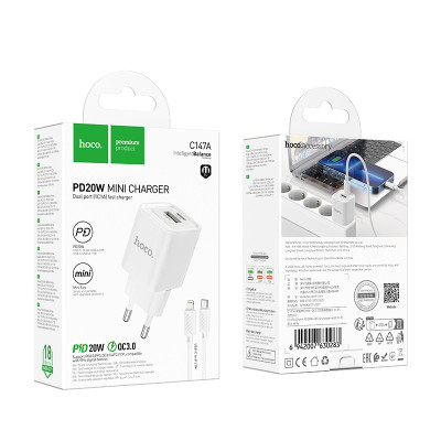 Мережевий зарядний пристрій з кабелем HOCO C147A Charm PD20W+QC3.0 charger set (C to iP)(EU) White Мережевий зарядний пристрій з кабелем HOCO C147A Charm PD20W+QC3.0 charger set (C to iP)(EU) White