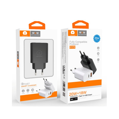 Мережевий зарядний пристрій WUW-C172 20W PD USB-C + USB QC3.0 18W white