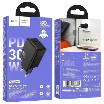 Мережевий зарядний пристрій HOCO N70 Nuevo single port PD30W charger set(C to iP) Black