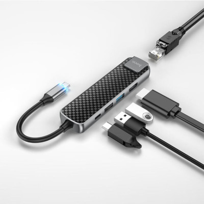 USB-Hub HOCO HB23 Easy view Type-C multifunction adapter(HDTV+USB3.0+USB2.0+RJ45+PD) Metal Gray USB-Hub HOCO HB23 Easy view Type-C multifunction adapter(HDTV+USB3.0+USB2.0+RJ45+PD) Metal Gray