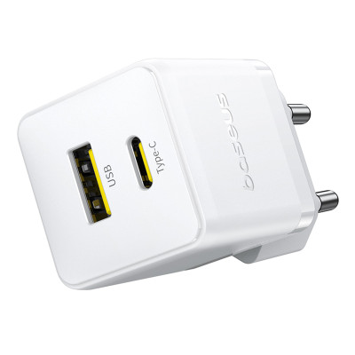 Мережевий зарядний пристрій з кабелем Baseus Palm Fast Charger C+U 30W EU Moon White (with USB-C to USB-C 60W (20V/3A) 1m Moon White)