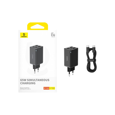 Мережевий зарядний пристрій з кабелем Baseus GaN6 Pro Fast Charger 2C+2U 65W  EU Cluster Black((With Type-C to Type-C 100W(20V/5A) 1m Black）