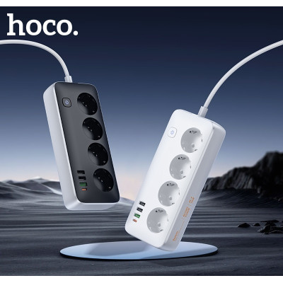 Мережевий подовжувач HOCO AC22 Sunlight 4-bit (PD30W/1C3A) desktop socket (EU/GER)(L=3M) Black Мережевий подовжувач HOCO AC22 Sunlight 4-bit (PD30W/1C3A) desktop socket (EU/GER)(L=3M) Black