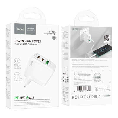 Мережевий зарядний пристрій HOCO C115A Header PD65W  GaN three-port(2C1A) charger White
