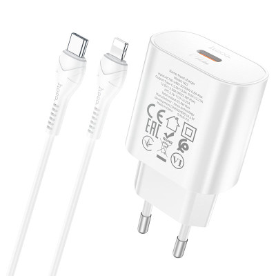 Мережевий зарядний пристрій з кабелем HOCO N22 Jetta PD25W charger set (Type-C to iP)(EU) White Мережевий зарядний пристрій з кабелем HOCO N22 Jetta PD25W charger set (Type-C to iP)(EU) White