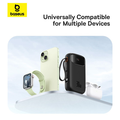 Зовнішній акумулятор Baseus QPow 2 Digital Display Fast-Charging Power Bank with 2 Built-in Type-C Cable 20000mAh 30W Cluster Black