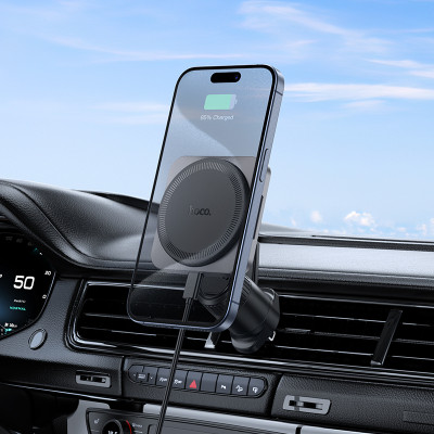 Автотримач для телефона з БЗП HOCO HW15 Speed magnetic wireless fast charging car holder(air outlet) Black Metal Gray