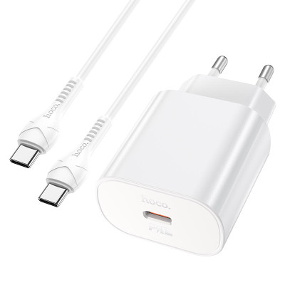 Мережевий зарядний пристрій з кабелем HOCO N22 Jetta PD25W charger set(Type-C to Type-C)(EU) White Мережевий зарядний пристрій з кабелем HOCO N22 Jetta PD25W charger set(Type-C to Type-C)(EU) White