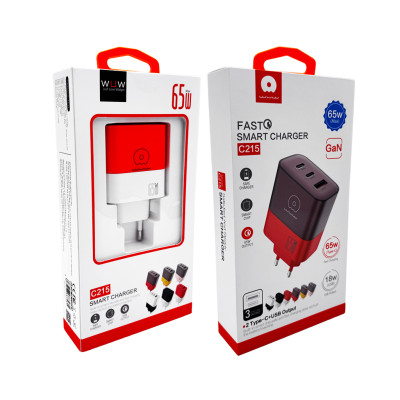 Мережевий зарядний пристрій WUW-C215 65W Charger 2 USB C + USB A white black Мережевий зарядний пристрій WUW-C215 65W Charger 2 USB C + USB A white black
