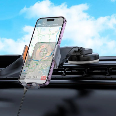 Автотримач для телефона з БЗП HOCO HW8 Transparent Discovery Edition wireless fast charging car holder(center console) Metal Gray